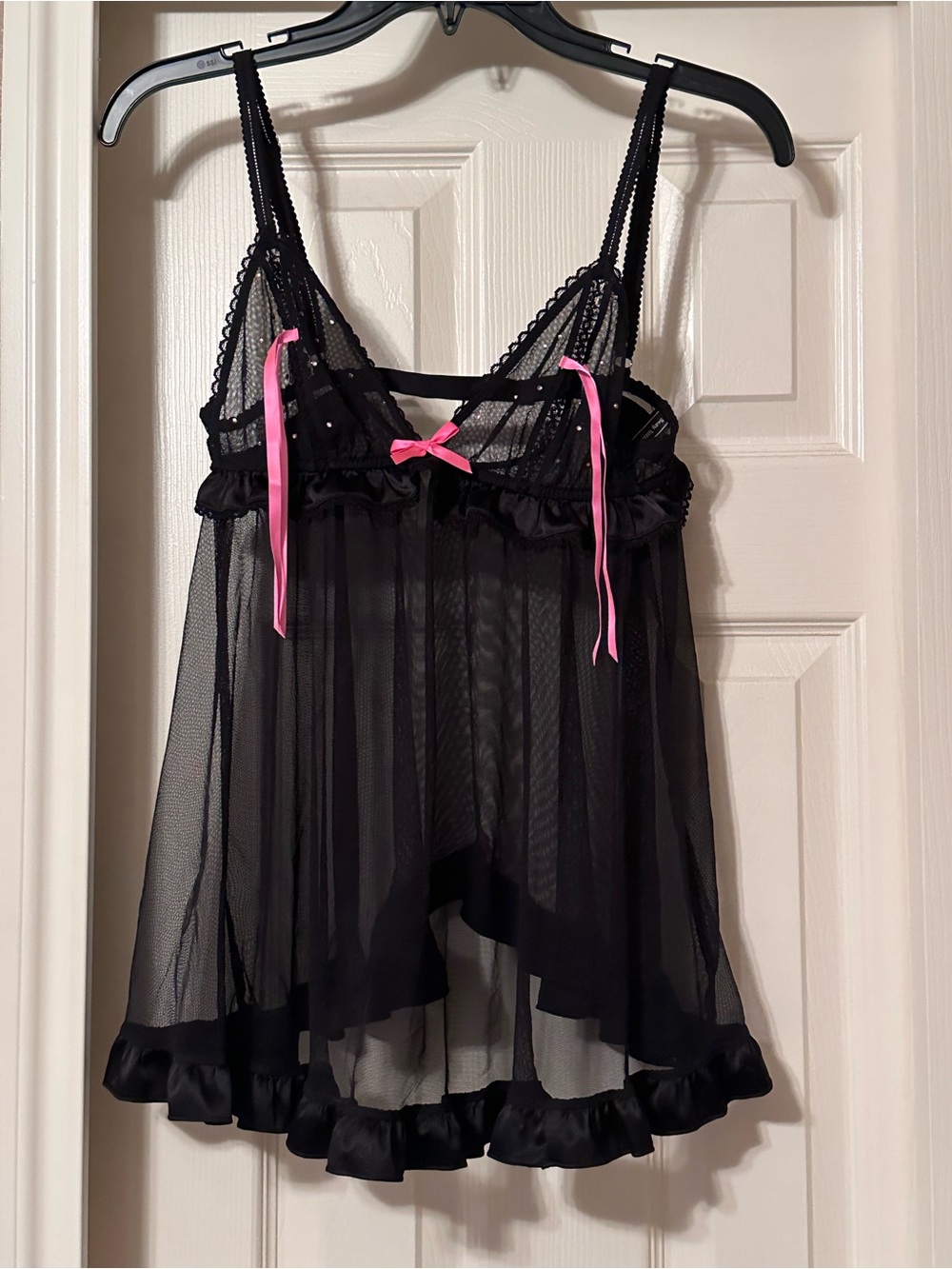 Victoria's Secret Black Mesh Babydoll with Pink Ribbon Accents